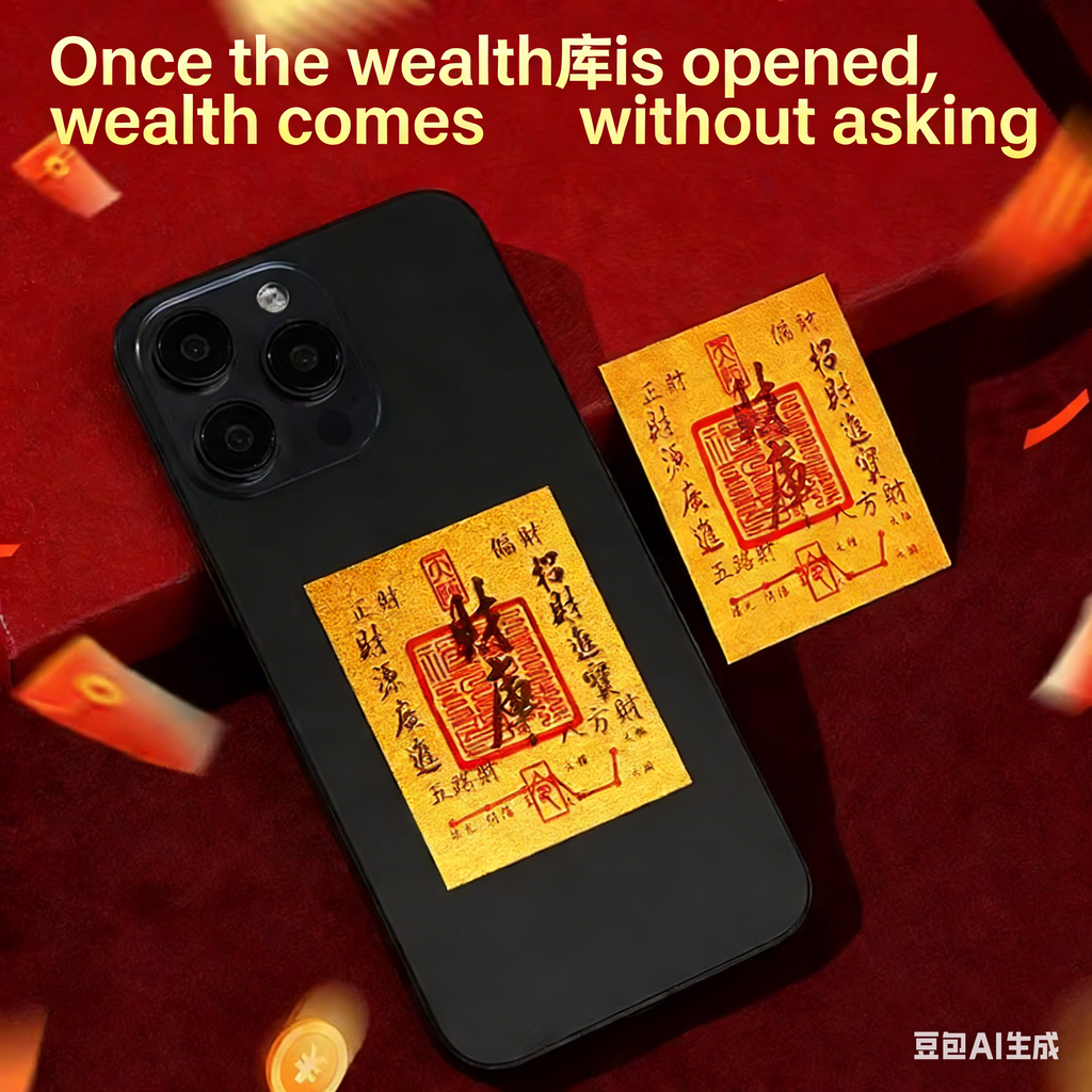 Wealth Treasury Gold Foil Phone Sticker – Double-Sided Fortune & Prosperity Talisman