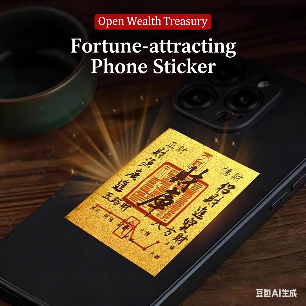 Wealth Treasury Gold Foil Phone Sticker – Double-Sided Fortune & Prosperity Talisman